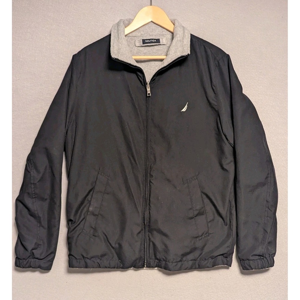 Vtg Nautica Jacket Mens Gray Blue Reversible Fleece Lined Bomber Coat Sz Small